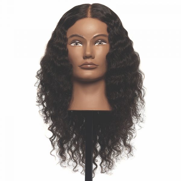 Mannequin head with long, dark, curly hair
